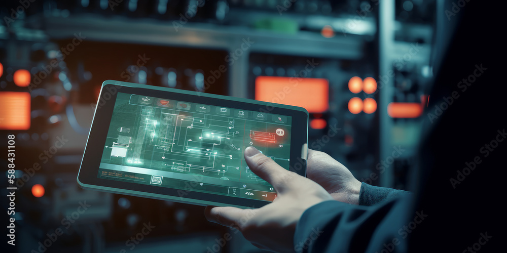 Poster concept for smart industry control. tablet in hands with a blurry automation equipment in the backdr