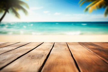 Fototapeta premium Empty wooden table top, product display, showcase stage on tropical summer beach background. Generative AI.