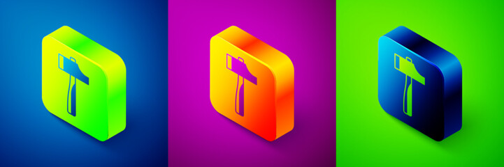 Isometric Hammer icon isolated on blue, purple and green background. Tool for repair. Square button. Vector