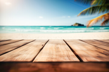 Fototapeta premium Empty wooden table top, product display, showcase stage on tropical summer beach background. Generative AI.
