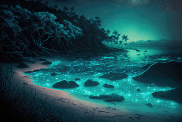 Fototapeta premium Tropical sea night beach with bioluminescent plankton. Trees and a starry sky. Generative AI.