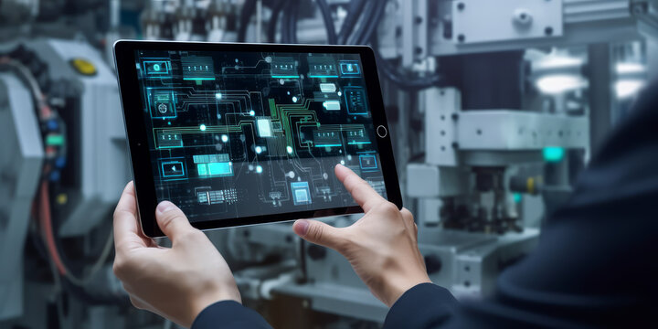 Innovative industrial control idea. Tablet being held in hands against a blurry automation machine. Generative AI