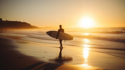 Fototapeta na wymiar Catching the Last Waves: A Surfer's Sunset Journey, AI Generative 