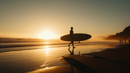 Fototapeta premium Surfing into the Golden Hour: A Silhouette of a Surfer Carrying Their Board, AI-Generated 