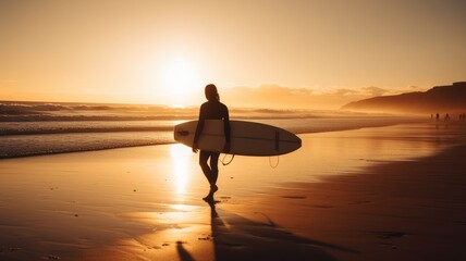 Fototapeta na wymiar Carrying the Dream: A Surfer and Their Board Against a Beautiful Golden Sky, AI Generative
