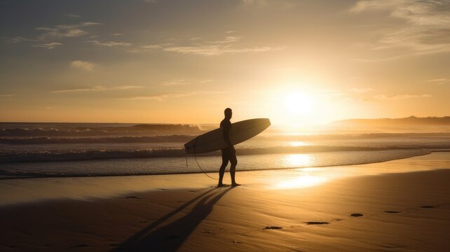 Golden Hour Bliss: Silhouette of a Surfer Carrying a Board Against a Warm Sunset, AI-Generated