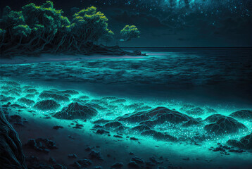 Tropical sea night beach with bioluminescent plankton. Trees and a starry sky. Generative AI.