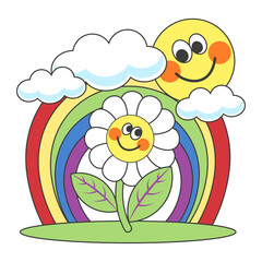 Sticker of a cheerful smiling flower rejoicing at the rising sun from behind the clouds on a colorful rainbow