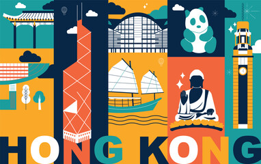 ypography word “Hong Kong” branding technology concept. Collection of flat vector web icons. Chines culture travel set, famous architectures and specialties detailed silhouette. Asian famous landmark