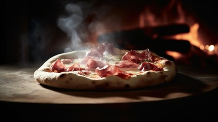 Obraz premium Leckere Pizza vor dem Steinofen mit Feuer im Hintergrund, generativ AI 