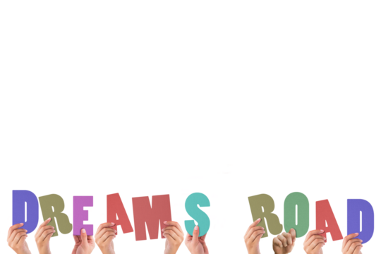 Cropped hands holding colorful words dreams road 