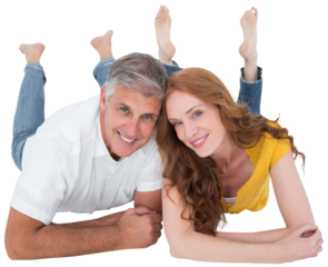 Casual couple lying on floor