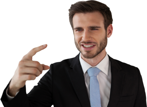 Close up of smiling businessman looking while touching on interface