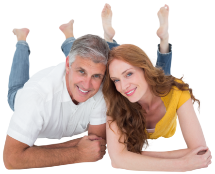 Casual couple lying on floor