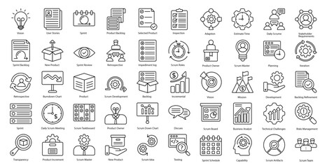 Scrum Development Thin Line Icons Business Management Iconset in Outline Style 50 Vector Icons in Black - obrazy, fototapety, plakaty