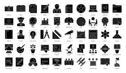 University Glyph Icons Education Student Iconset in Glyph Style 50 Vector Icons in Black
