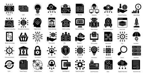 Fintech Glyph Icons Finance Technology Iconset in Glyph Style 50 Vector Icons in Black