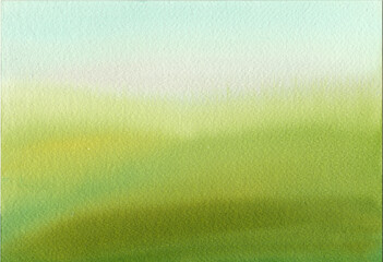 abstract green landscape background hand painted in watercolour on paper , green meadow and blue...