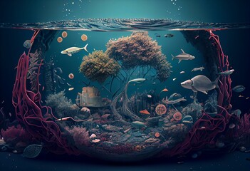 Ilustración de una imagen de debajo del mar donde se aprecia la basura acumulada. concepto sostenibilidad del planeta tierra. Generative AI