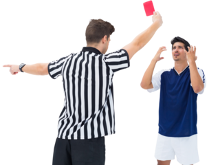 Referee showing red card and gesturing to a player