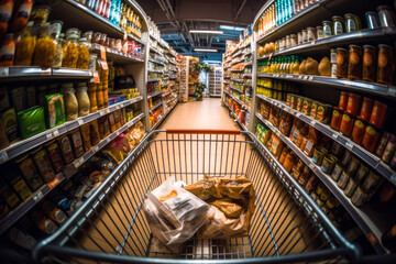 Fototapeta premium Person point of view of shopping cart full of groceries in a grocery store. Supermarket shopping POV , high quality generative ai