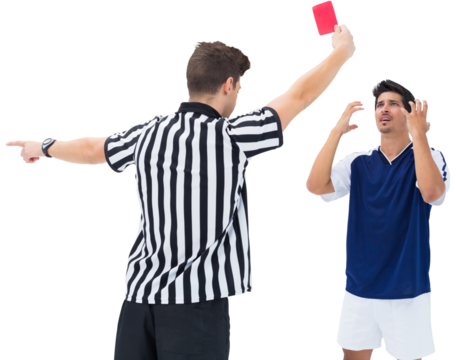 Referee showing red card and gesturing to a player - Powered by Adobe