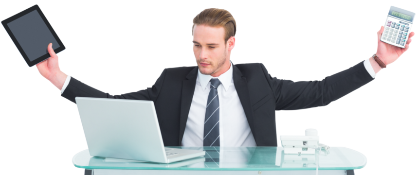 Businessman with arms up holding tablet and calculator - Powered by Adobe