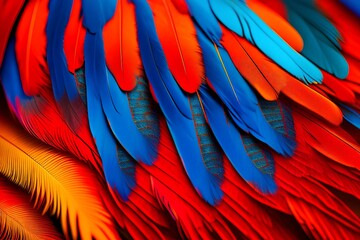 Obraz premium Macaw feather close-up. Red yellow orange and blue tones, exotic nature background - generative ai