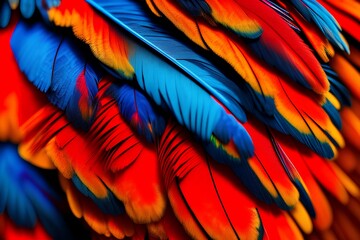 Fototapeta premium Macaw feather close-up. Red yellow orange and blue tones, exotic nature background - generative ai
