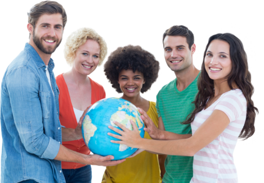 Young creative business people with a globe  - Powered by Adobe