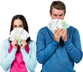 Portrait of couple hiding face with money