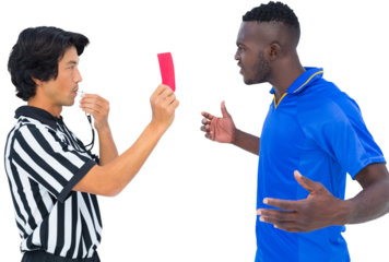 Referee blowing whistle and showing red card to a player