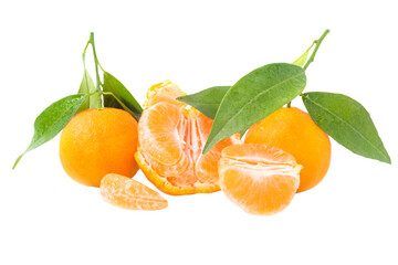 Orange mandarins with green leaves in PNG isolated on transparent background