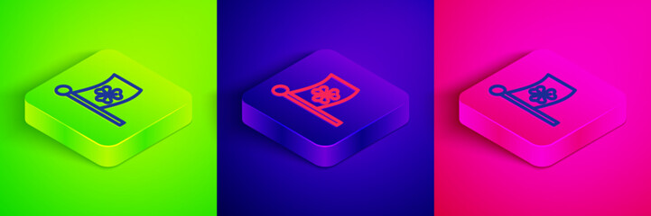 Isometric line National Ireland flag with clover trefoil leaf icon isolated on green, blue and pink background. Happy Saint Patricks day. National Irish holiday. Square button. Vector