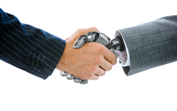Cropped image of businessman shaking hand of robot