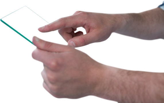 Cropped hands of man pretending to be using futuristic tablet pc