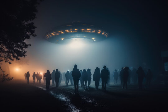 Hundreds of people walking towards a large UFO in the mist, late night time. High quality generative ai