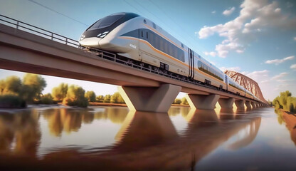 high-speed train in motion on the bridge over the river