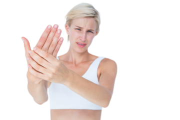 Pretty woman suffering from hand pain 