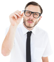 Geeky businessman writing with marker