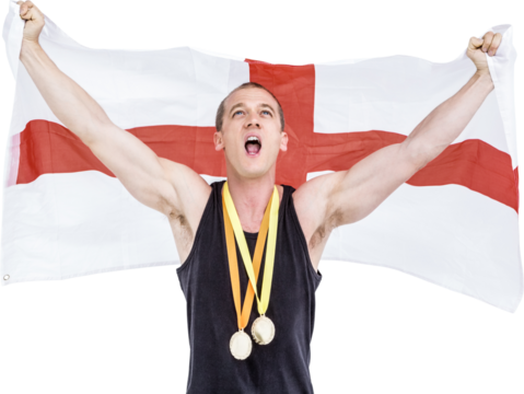 Athlete posing with olympic gold medals around his neck - Powered by Adobe