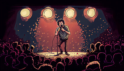Illustration of a person on a stage. A comedian in front of his audience. Generative AI illustration.