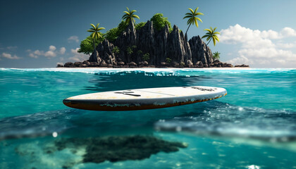 board for swimming in the ocean, on the background of the island, the coast with palm trees