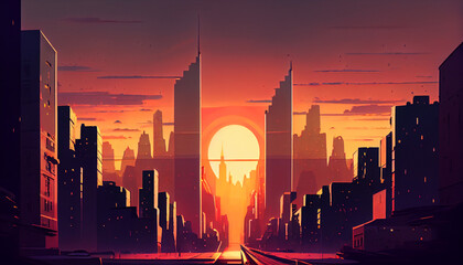 Illustration of a city at sunset. Buildings and skyscrapers with the sun in the background. Generative AI illustration.