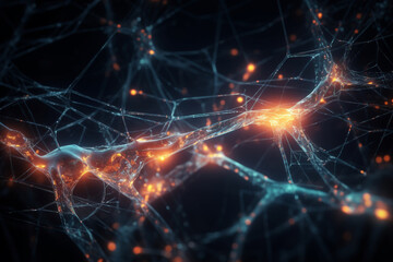 Naklejka na ściany i meble Neuron cells glowing in a neural network, conceptual illustration. Generative AI