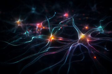 Fototapeta premium Neuron cells glowing in a neural network, conceptual illustration. Generative AI
