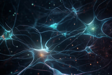 Neuron cells glowing in a neural network, conceptual illustration. Generative AI