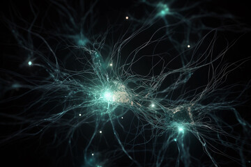 Fototapeta na wymiar Neuron cells glowing in a neural network, conceptual illustration. Generative AI