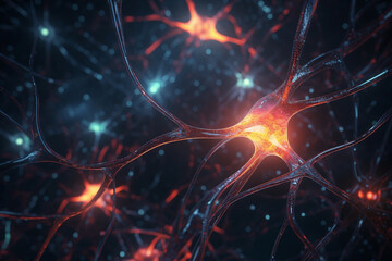 Neuron cells glowing in a neural network, conceptual illustration. Generative AI