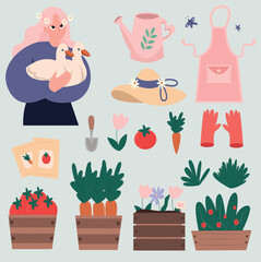 Set Garden and vegetable garden. Caring for plants, the girl takes care of plants and animals. A girl holds ducks, a spring set. Watering can, shovel, Carrot, flowers, vegetables